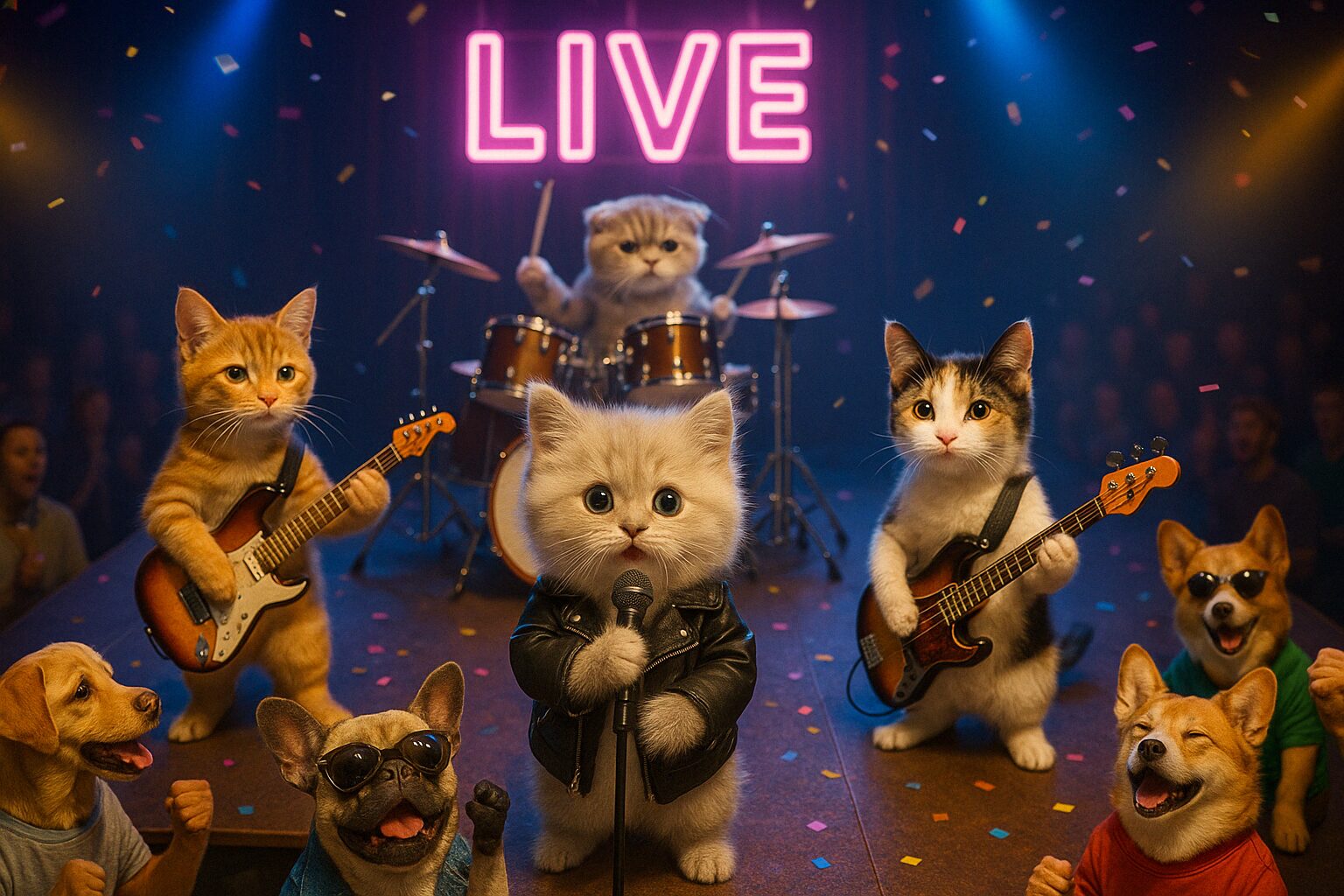 俯瞰で捉えた子猫ロックバンドのライブ。中央のチンチラ子猫がマイクで歌い、左右にオレンジ子猫ギターと三毛猫ベース、後方にスコティッシュフォールドがドラム。客席にはサングラス姿を含む犬たちが歓声を送り、ネオン「LIVE」サインとカラフルな照明・紙吹雪で華やかなステージ。