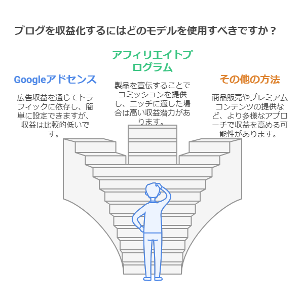 ブログはどうやって稼ぐ?
Googleアドセンスとアフィリエイト広告とその他の方法の３つの階段と人の画像