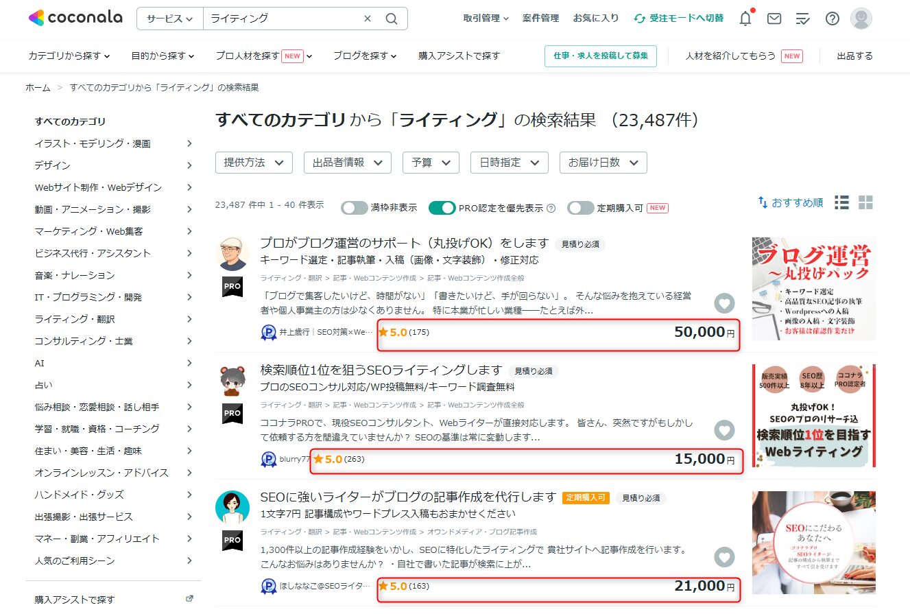 ココナラサイトのライティング募集ページ